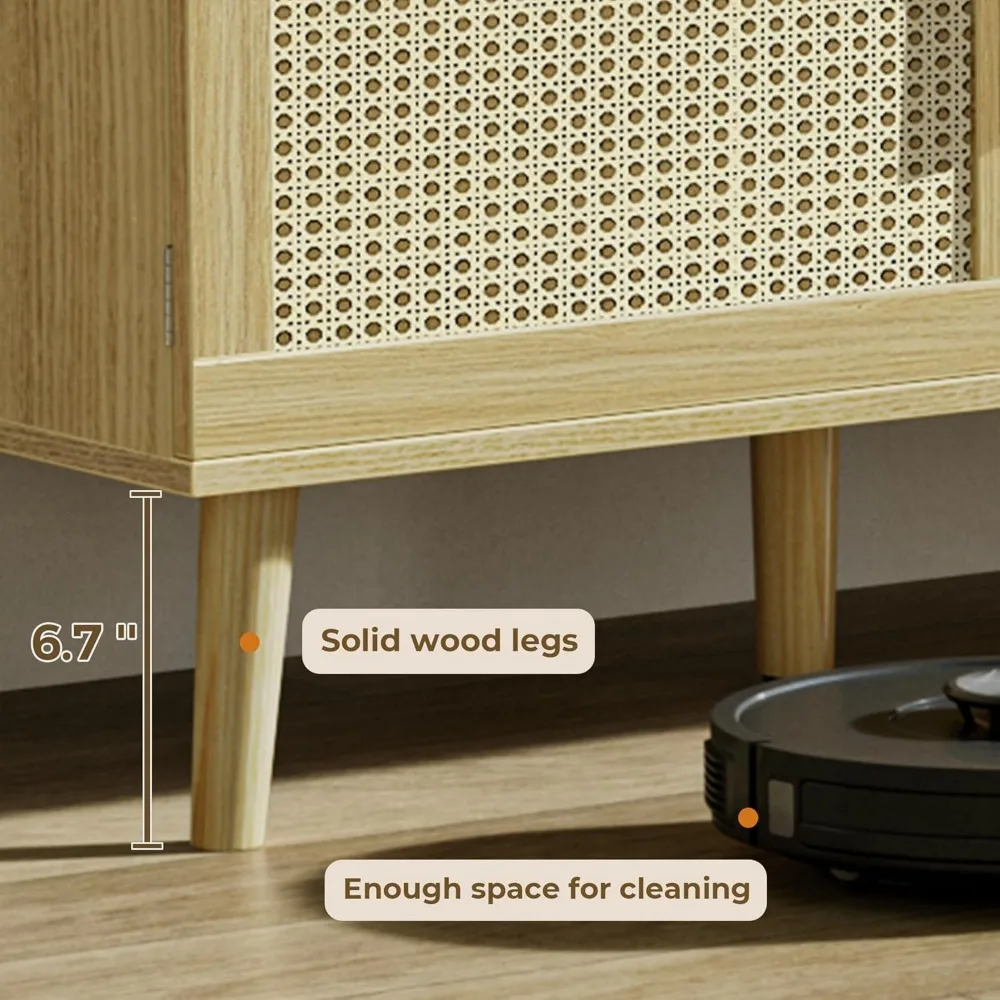 حامل تلفزيون بوهو لتلفزيون 65 بوصة، مركز ترفيه مع رف قابل للتعديل، وحدة تحكم تلفزيون الروطان مع خزائن، وحدة تحكم الوسائط، سول