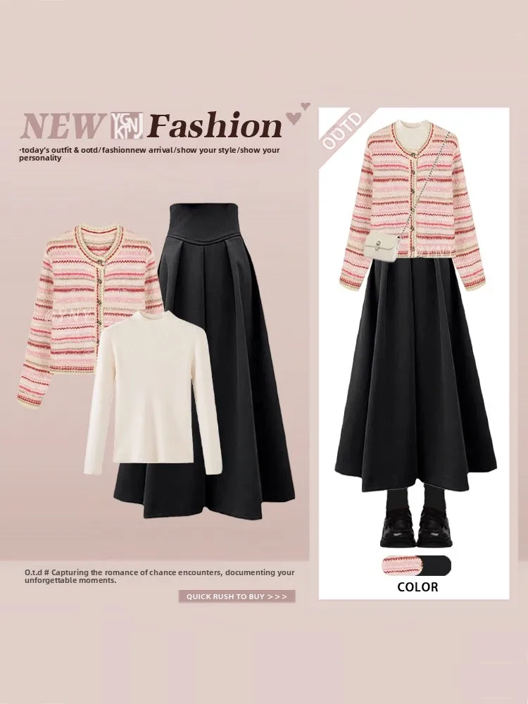 

Korean Sle Winter High Waist A-Line Skirt And Knitted Open Cardigan Two-Piece Set Striped Faion Ensemble for Women
