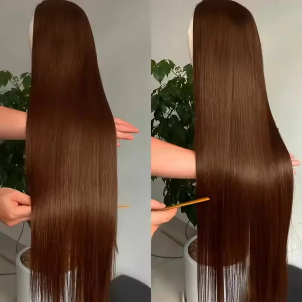 

Chocolate Brown Straight Human Hair Wig 32 Inch 13x4 Transparent Lace Glueless Pre Plucked With Baby Hair Colored