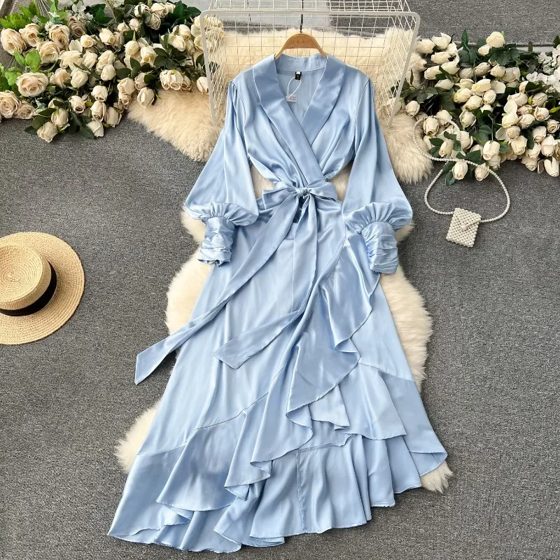 OCEANLOVE abiti lunghi irregolari Solid Office Lady Ruffles elegante primavera autunno abiti Mujer Fashion Simple Women Dress