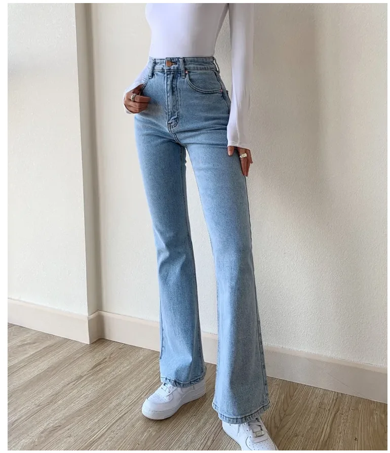 Skinny Bell Bottom Jeans Hoge Taille Stretch Straight Slim Fit Uitlopende Denim Broek