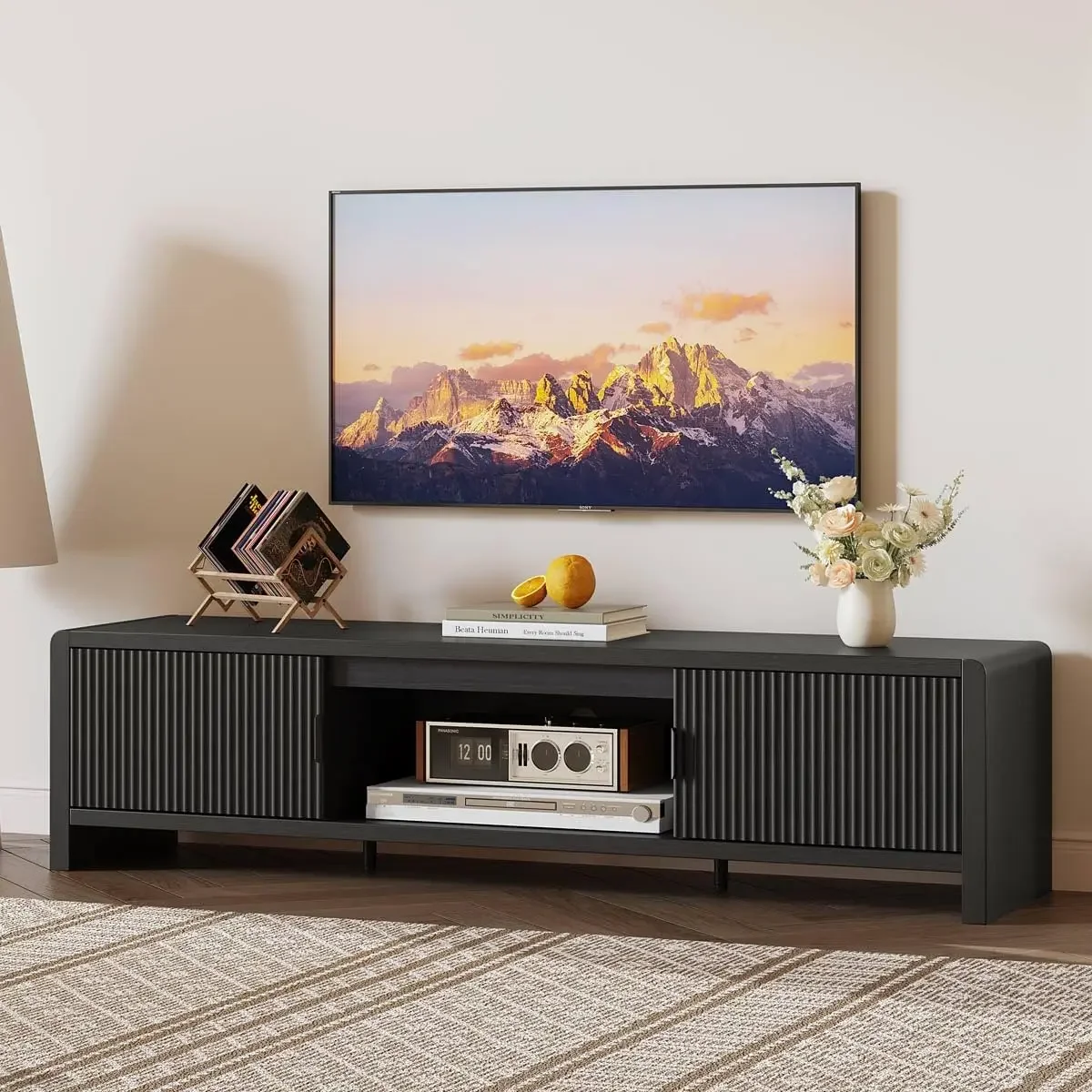 Mid Century Wooden Entertainment Center for 75 65 55 Inch TVs with Storage