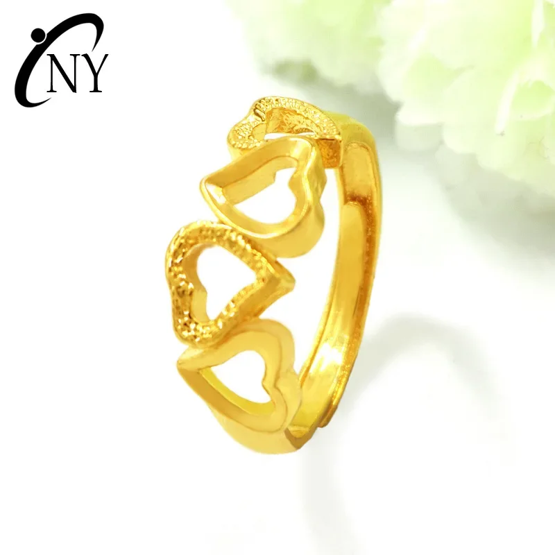 

9999 Real Gold 24K Yellow Jewelry Gold Ring Women's Hollow Love Heart to Heart Live Opening Women's Ring Four Hearts Ring