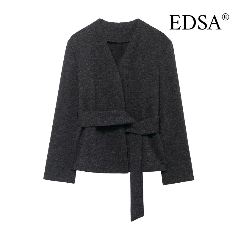 سترة نسائية ناعمة من EDSA مع حزام وأكمام طويلة للربيع والخريف وأكمام طويلة بغرز مفتوحة معطف نسائي ملابس خارجية #2