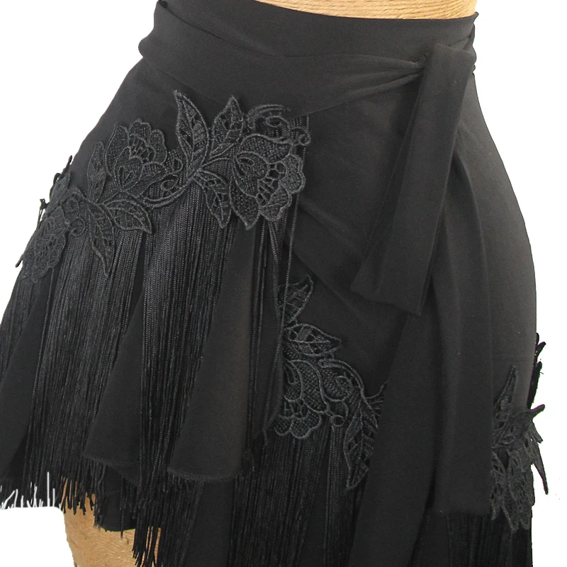 Embroidered Rose Tassel Latin Dance Skirt Women Practice Clothes Black Hip Scarf Adult Rumba Samba Salsa Dance Clothing DNV20735