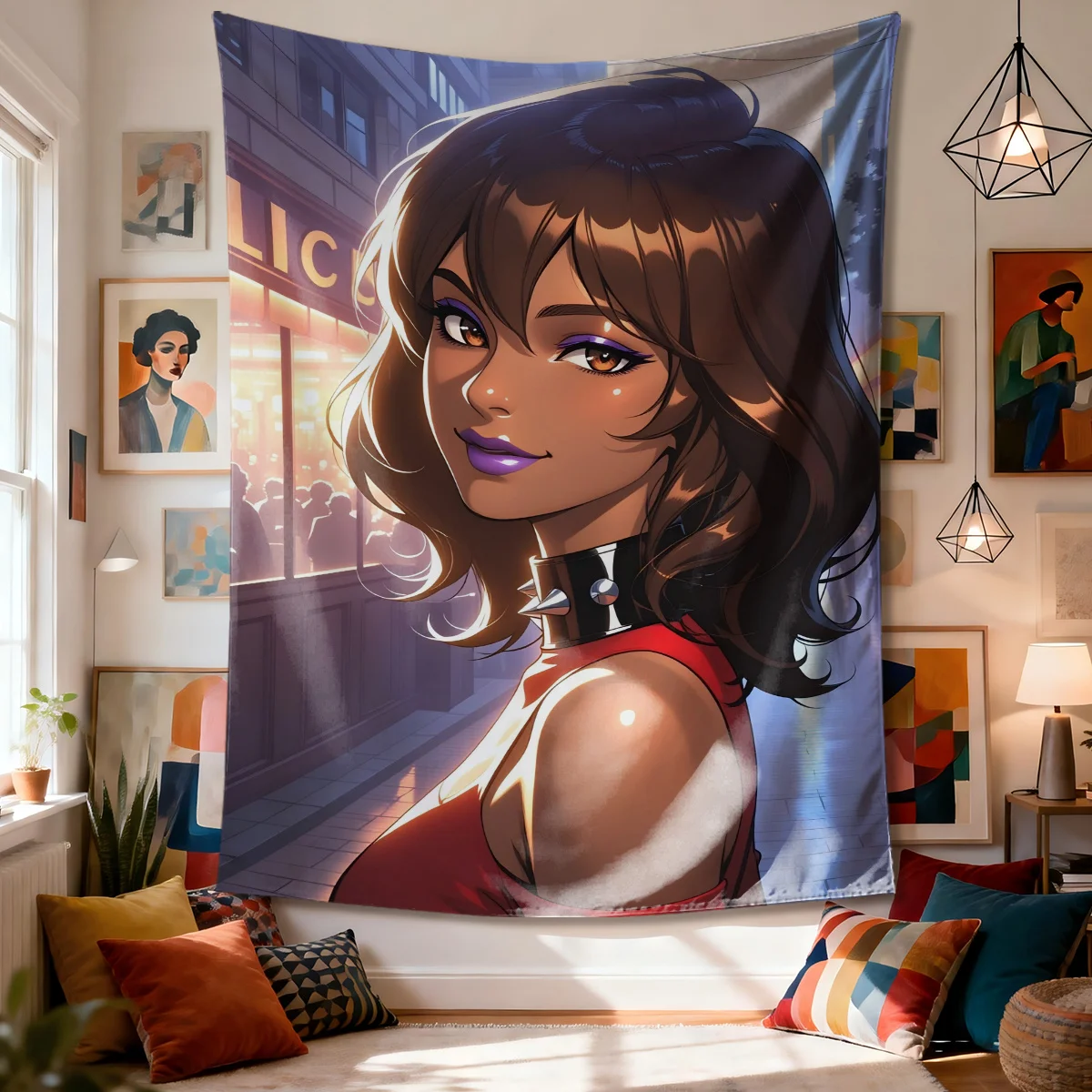 

Женщина с воротником на городской улице. Настенный гобелен из полиэстера с цифровой печатью, подходит для использования в гостиных, спальнях, офисах, барах, на вечеринках.