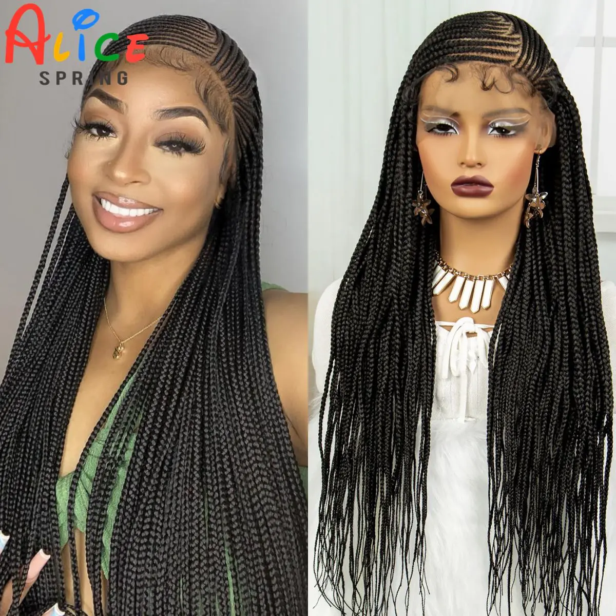 Sintético Lace Front Cornrow trançado perucas para mulheres negras, tranças peruca, Natural Knotless trança, cabelo do bebê, 36"