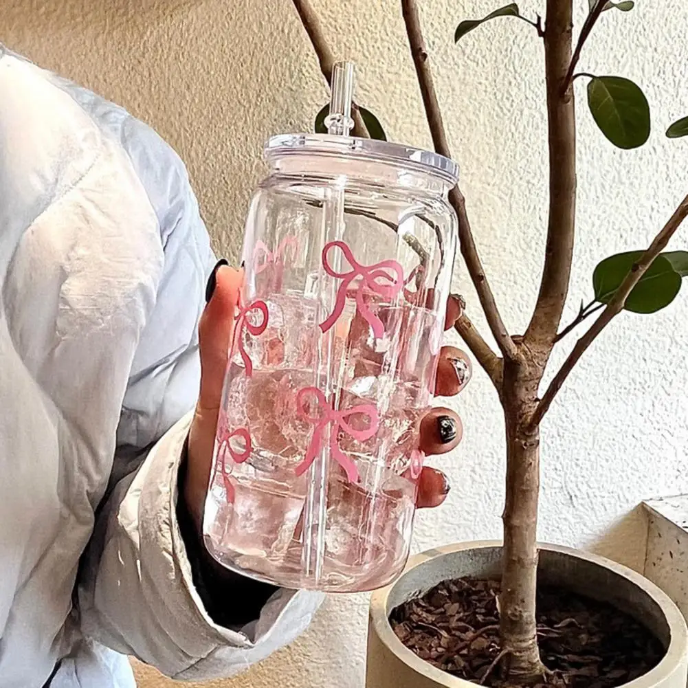 Taza de agua a prueba de fugas, bonito juego de botellas de agua en forma de tarro Mason con estampado de lazo, vaso reutilizable sin Bpa para vidrio de jugo de café helado