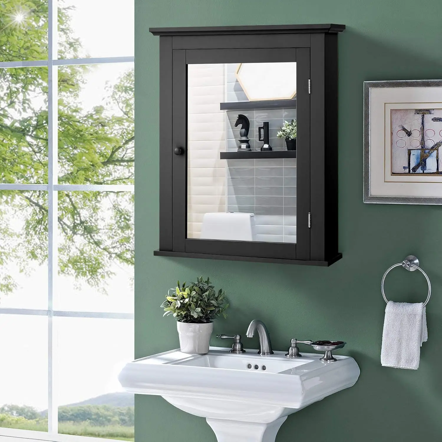 Bathroom Cabinet with Mirror, Mirrored Wall-Mounted Storage Medicine Cabinet w/Single Door & Adjustabl