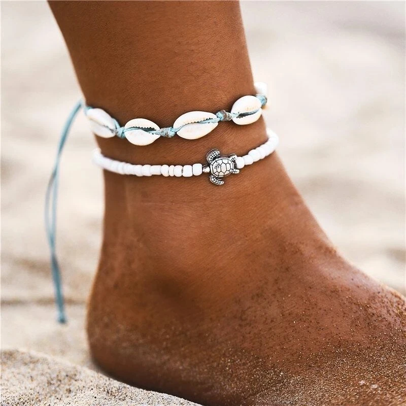 Summer Ocean Beach Anklet Bohemian Retro Shell Turtle Beaded Handmade Anklet & Bracelet 2024 New Leg Jewelry Gift