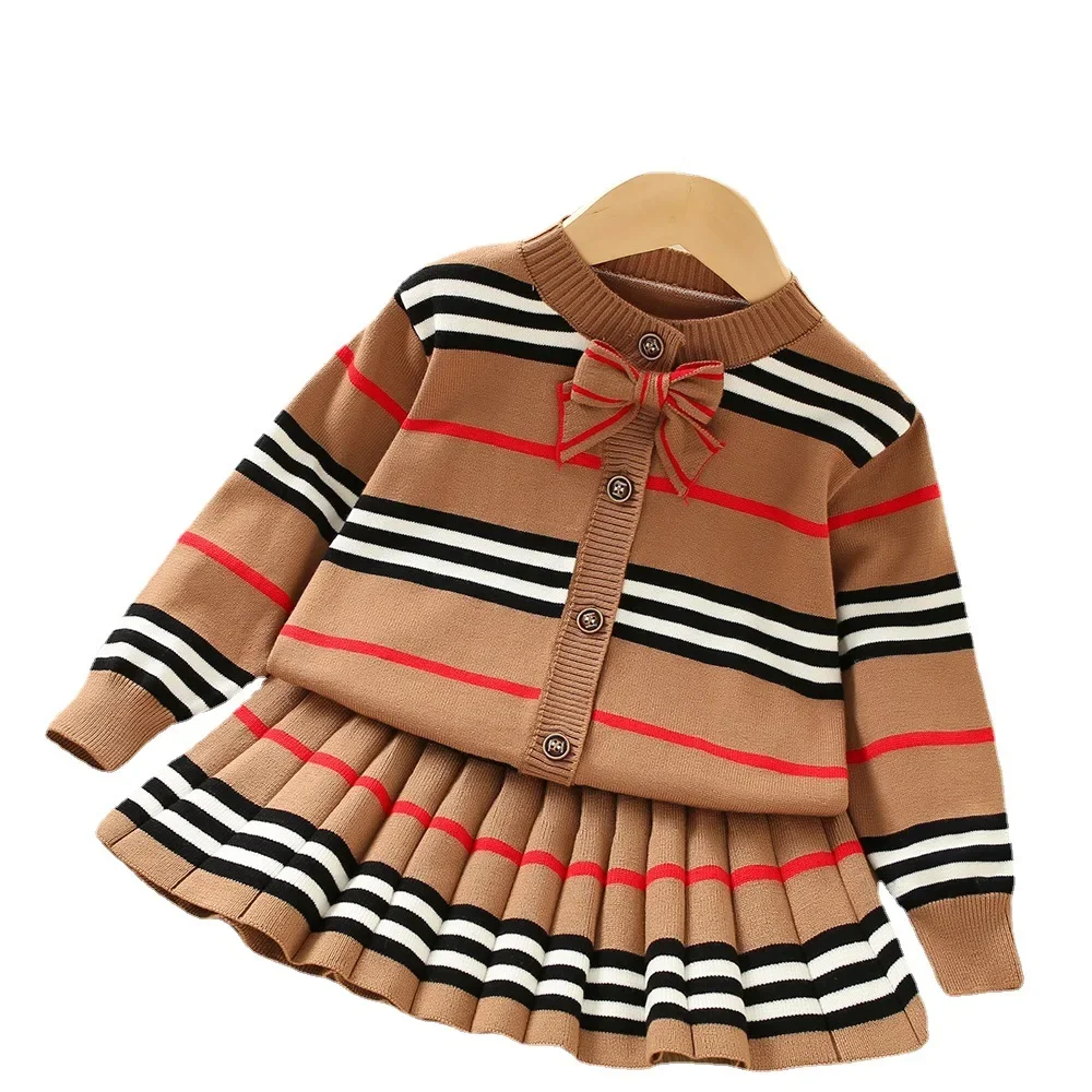 Winter Baby Girl Striped Sweater Set 2024 Girls Toddler Fashion Bow Knitwear Sets Kids Long Sleeve Extra Thick Sweater Clothes