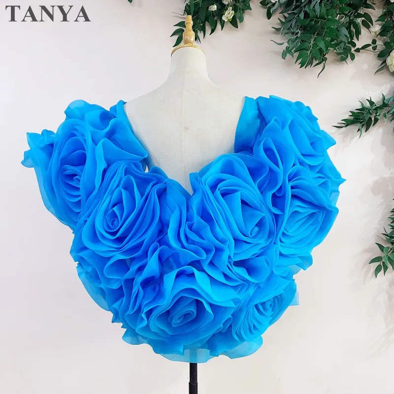 Blue 3D Rose Big Flowers Organza Wedding Short Cape Romantic Evening Party Wrap Fashionable Outfit Bolero Customized