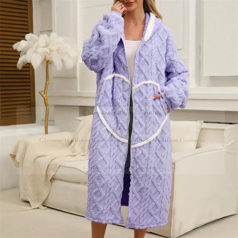 

Теплый халат из кораллового флиса, жаккардовый плюшевый повседневный халат с капюшоном, длинное пальто на молнии, удобная хлопковая домашняя одежда, одежда для сна, домашняя одежда