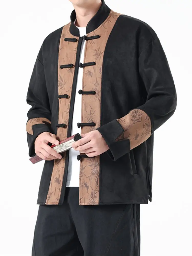 

New Chinese Sle Men's Jaet Snakeskin Suede Spring Autumn Stand Collar Button up Coat for Middle Aged And ly