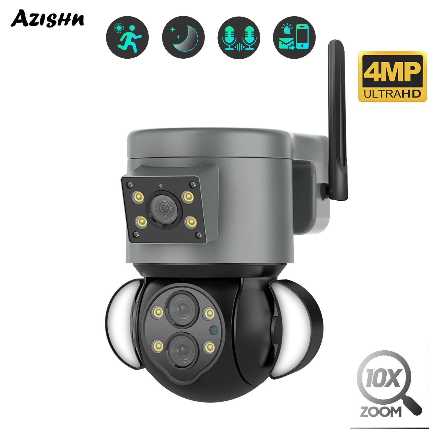 

AZISHN HD 4MP Wifi Security IP Camera Smart Home 10x Zoom Surveillance Camera PTZ Outdoor Human Detection Dual Light Source Cam