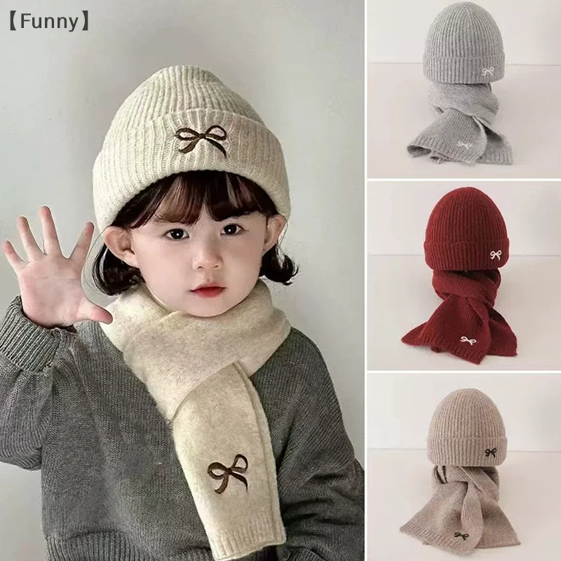 [مضحك] 2 قطعة مجموعة قبعات الأطفال والأوشحة الشتاء 1-8Y الاطفال أنيق Bowknot صبي فتاة طفل يندبروف محبوك قبعة صوفية وشاح