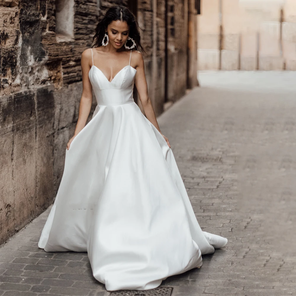 Brautkleid mit Spaghettiträgern aus luxuriösem schwerem Satin, schlichtes, elegantes Hochzeitskleid, Vestidos de Novia für Frauen nach Maß