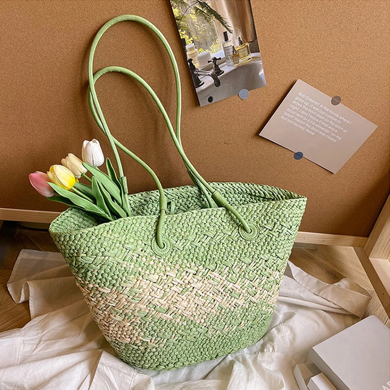 Colorful Straw Basket Bag Casual Large Capacity Tote Bag Summer Beach Shoulder Bags Big Bucket Handbags Weave Vacation Bag 2024