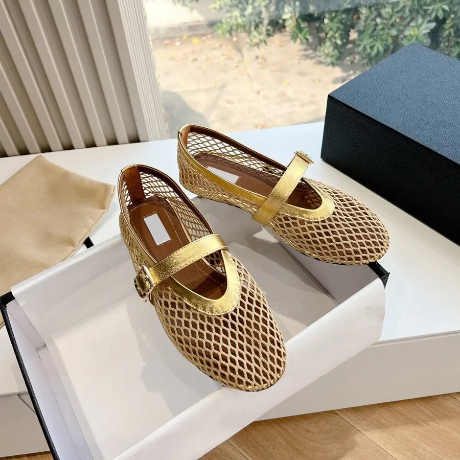 

top quality Round-toe mesh Ballet flats Mary Jane with strap Flat loafers Dress slip on Real leather designer shoe holiday shoes