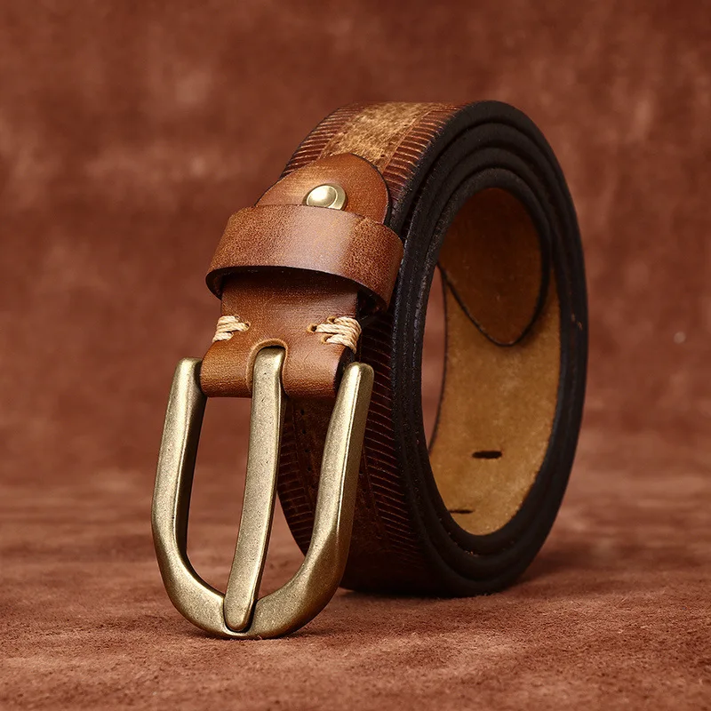 3.8cm Pure Cowhide Genuine Leather Thick Vintage Washed Top Grain Leather Belt Men Genuine Leather Pin Buckle Casual Denim Belt