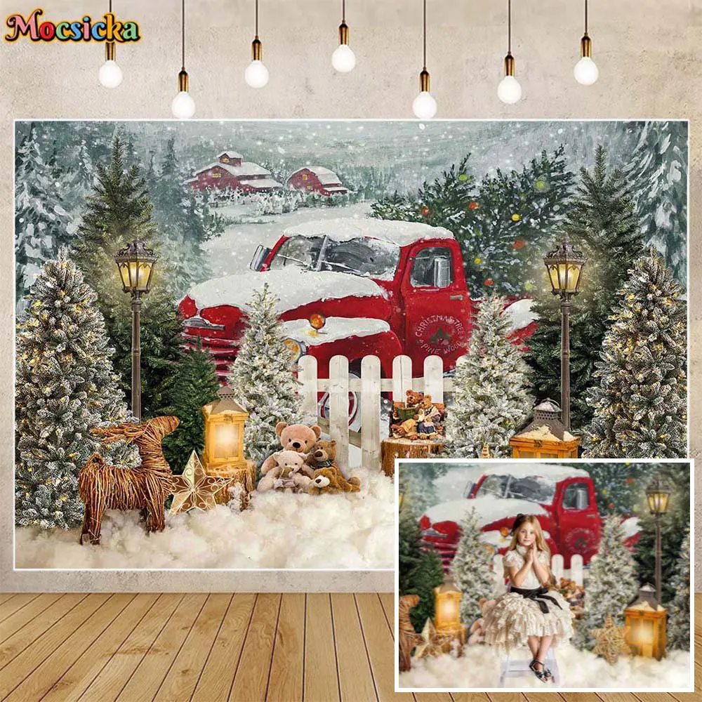 

Mocsicka Winter Christmas Photo Background Red Car Snow Pine Tree Toy Bear Newborn Photography Backdrop Photo Studio Shoot Props