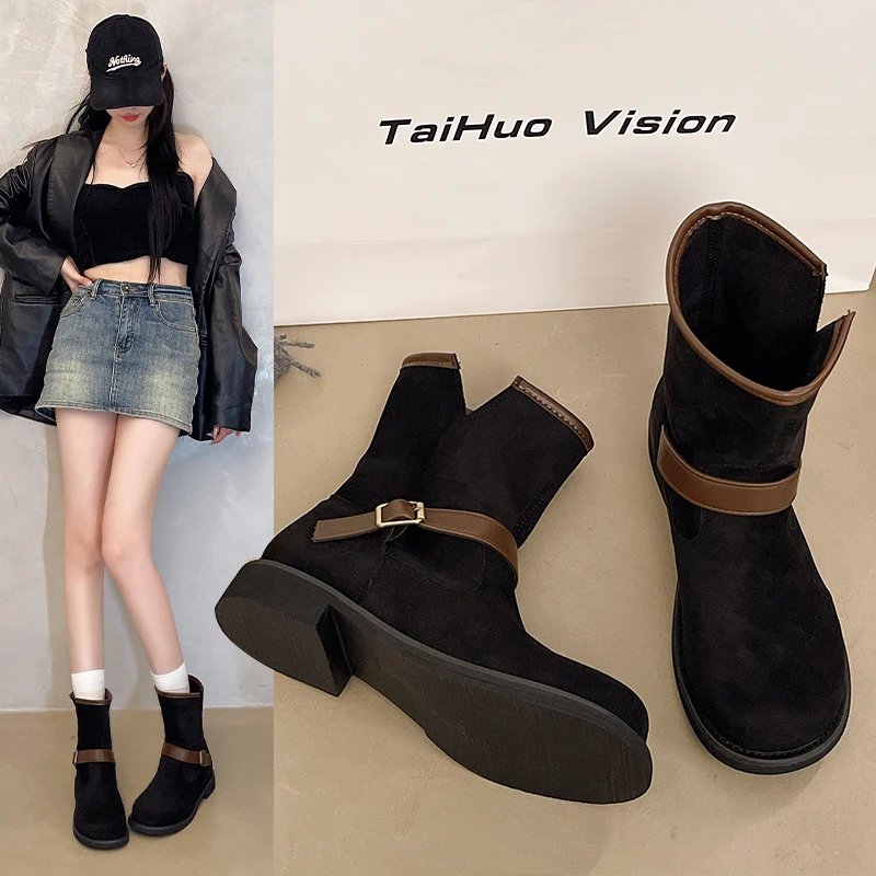 

Winter New Round Toe Square Heel Buckle Increased Comfortable Fashion Boots Suede Temperament Elegant Women's Boots