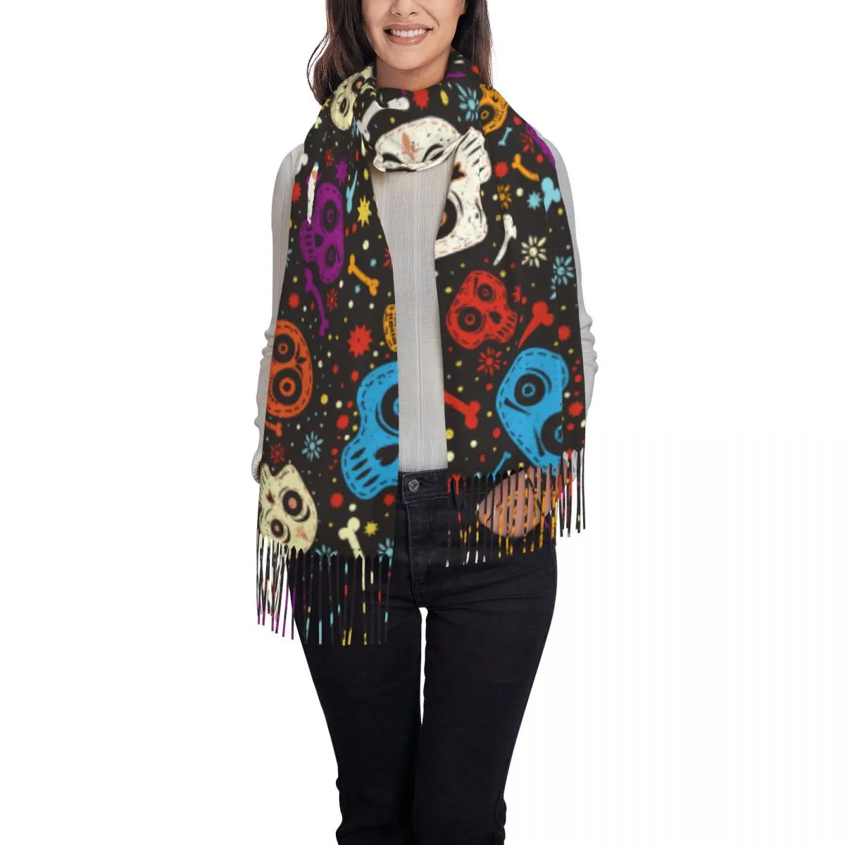 Day Of The Dead Colorful Mexican Skull Shawl Wraps Womens Winter Warm Large Long Scarf Flower dead day creepy Tassel Scarves