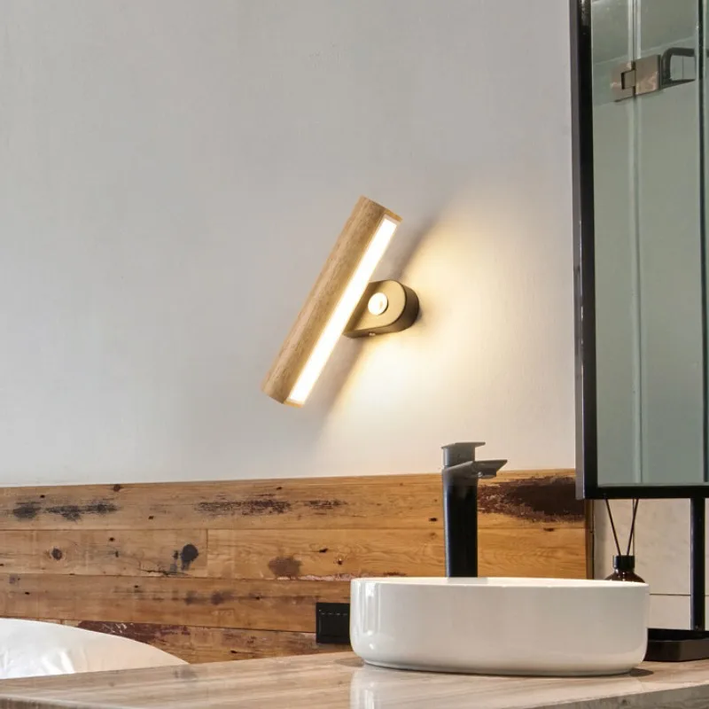 Interior LED Solid Wood Wall Lamp for Living Room Background Rotatable With Switch Wall Light Indoor Home Decor Lighting Fixture