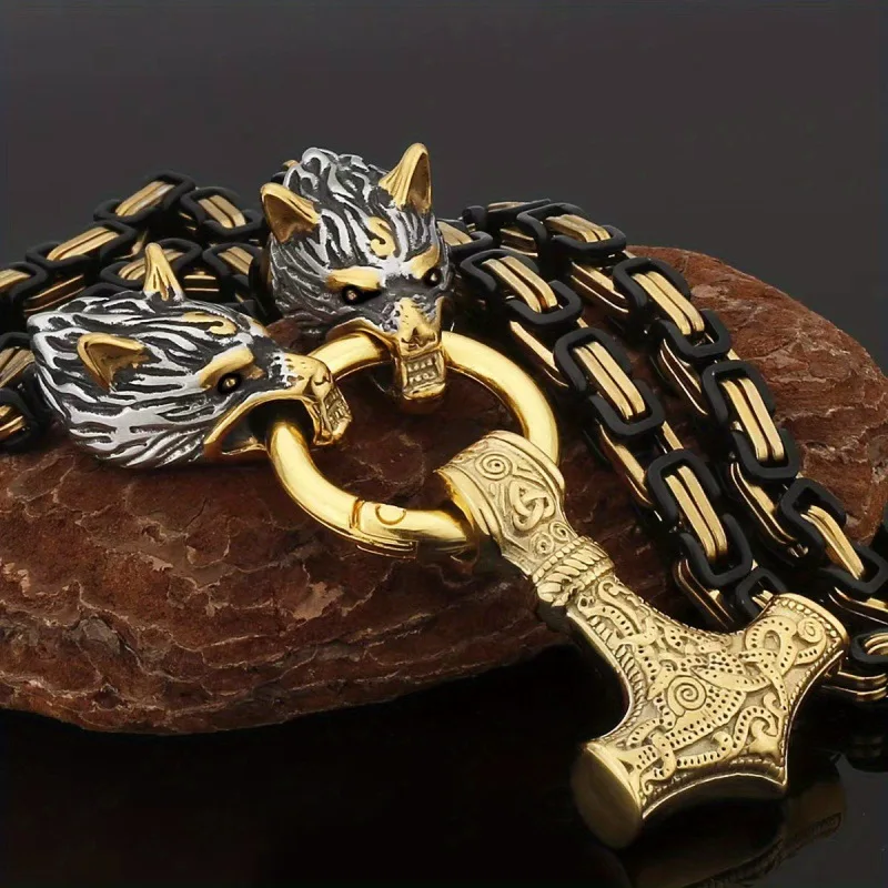 Viking Wolf Head Mjolnir Pendant Necklace Men Norse Thor Hammer Amulet Two‑Tone Byzantine Chain Punk Statement Neck Jewelry