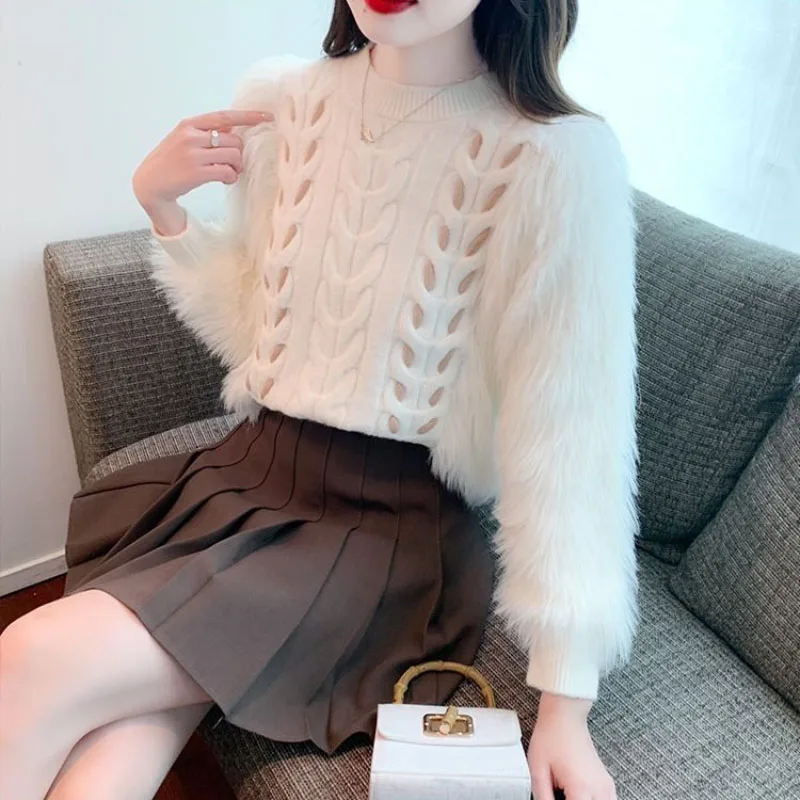 Mink-Like Pullover Sweater Women's Outside Wear New Autumn Winter Warm Knitwear Top Fashion Loose Long-Sleeved Knit Sweater