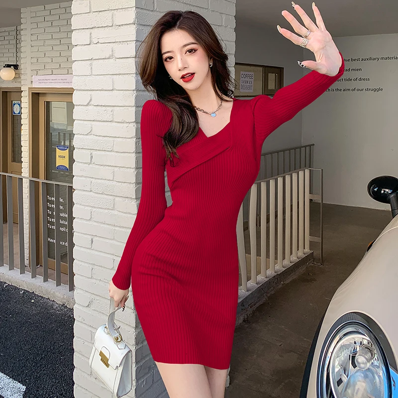 Spring Autumn Korean High-end Fashion Knitted Dress Women's Fitted Sexy Hip-hugging Sweater Dress Minimalist Office Lady 2025