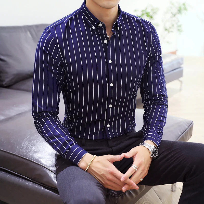 Men\'s striped shirt slim fit long sleeved high-quality business 2024 summer casual formal shirt Korean version casual dress shir