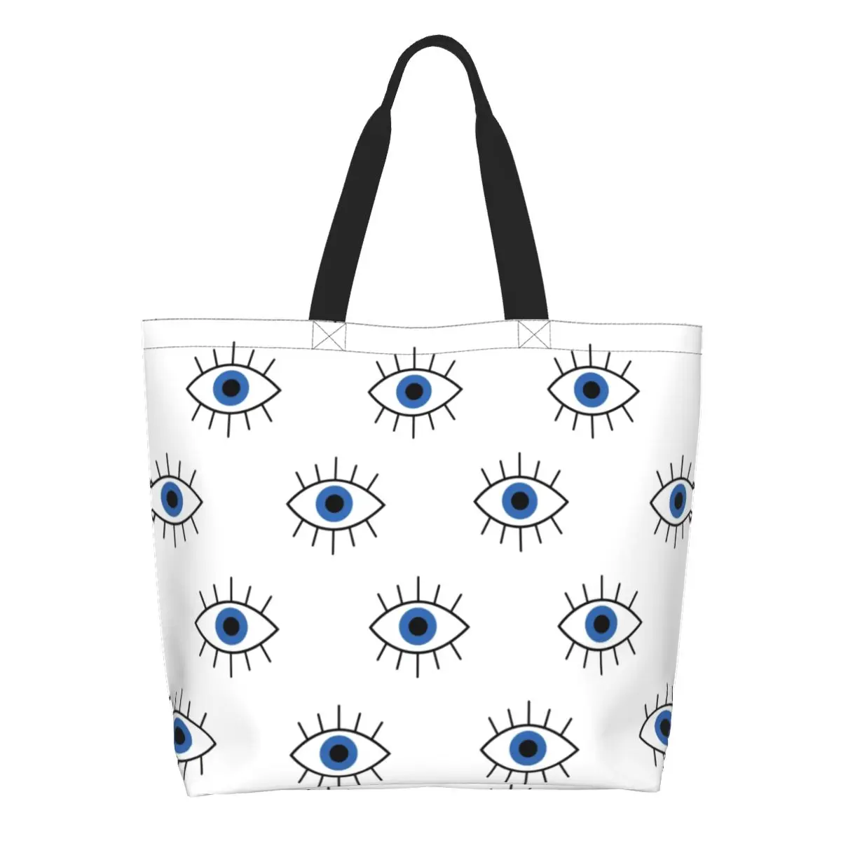 Blue Turkish Evil Eye Grocery Shopping Bags Custom Canvas Shopper Shoulder Tote Bags Large Capacity Nazar Amulet Boho Handbag