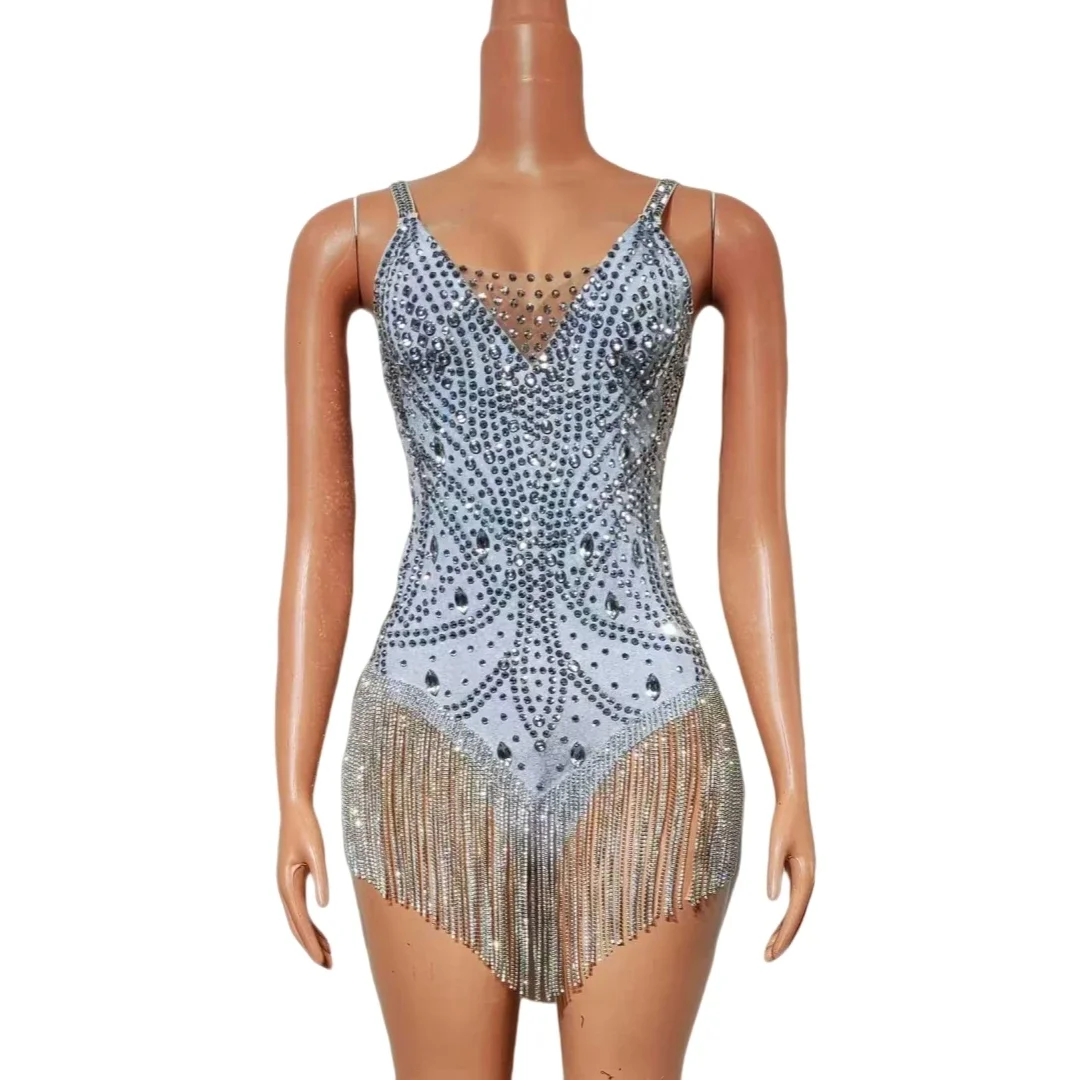 Sparkly Rhinestone Fringe Bodysuits For Women Sleeveless Backless Sexy Nightclub Birthday Performance Drag Queen Outfit