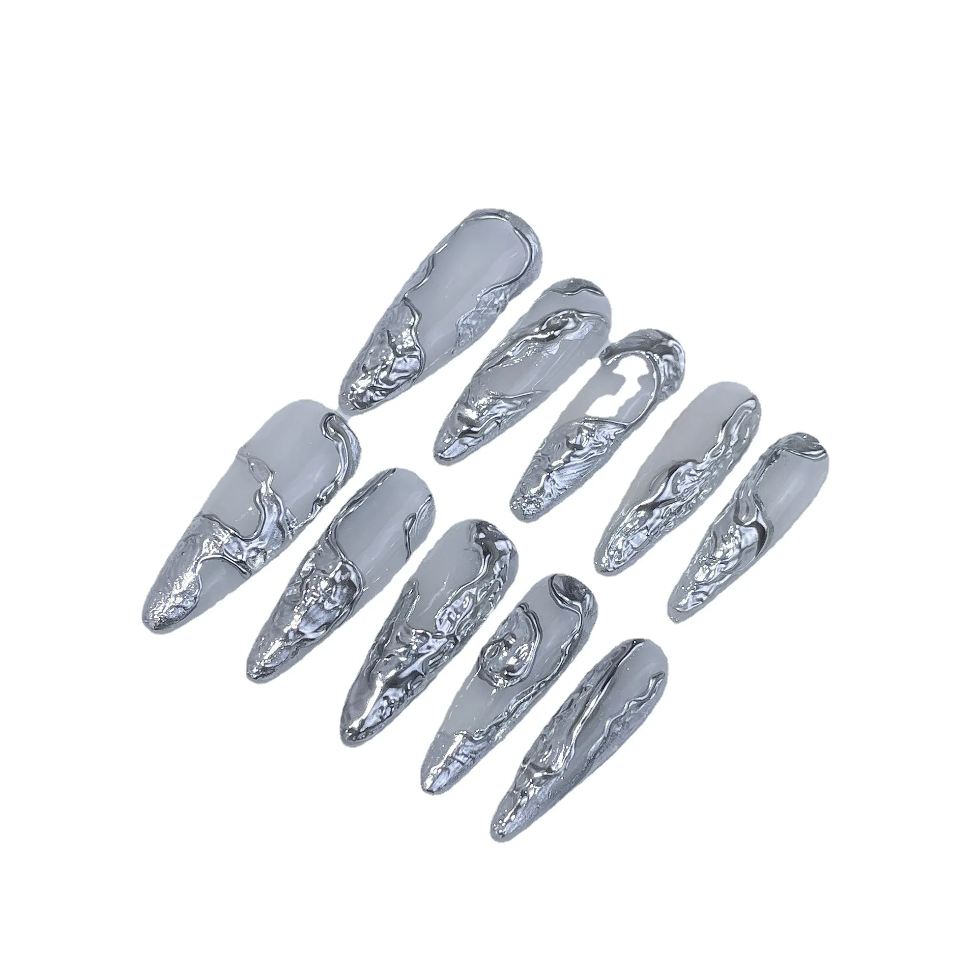 Three-Dimensional Metal Nail Art Press On Nails Silver Powder Finished Product Nail Artificial Manicure Patch False Nail Tips