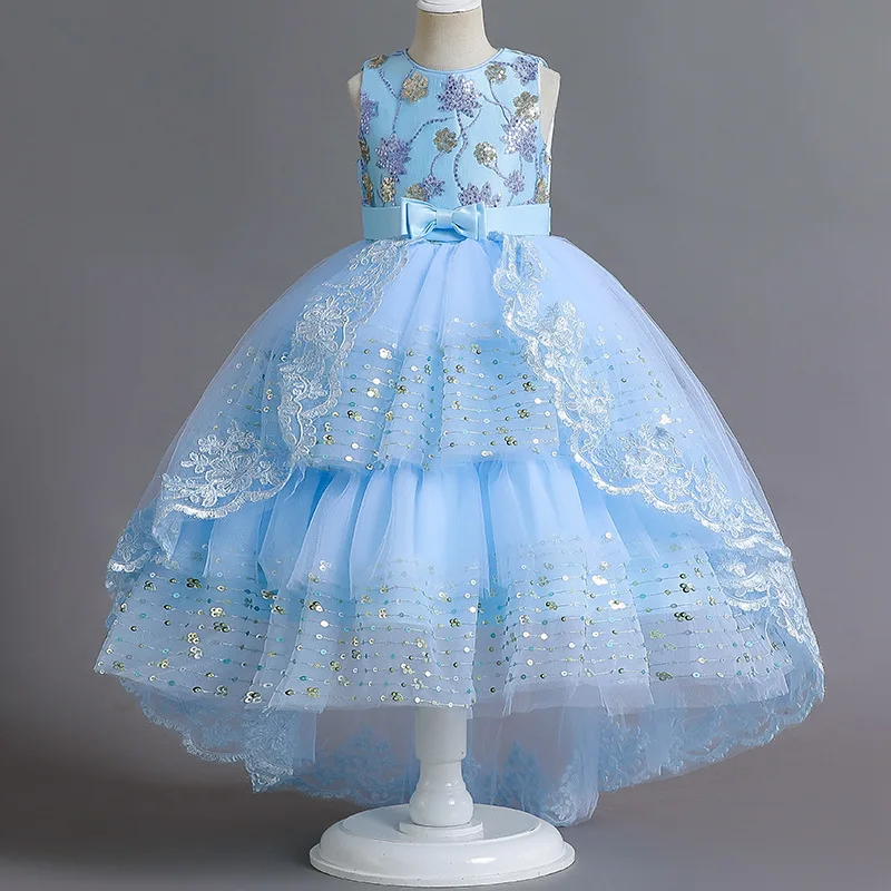 New Princess Girls Embroidered Lace Sequin Flower Tailing Party Tutu Wedding Dress Children Kids Elegant Basll Gown Dresses