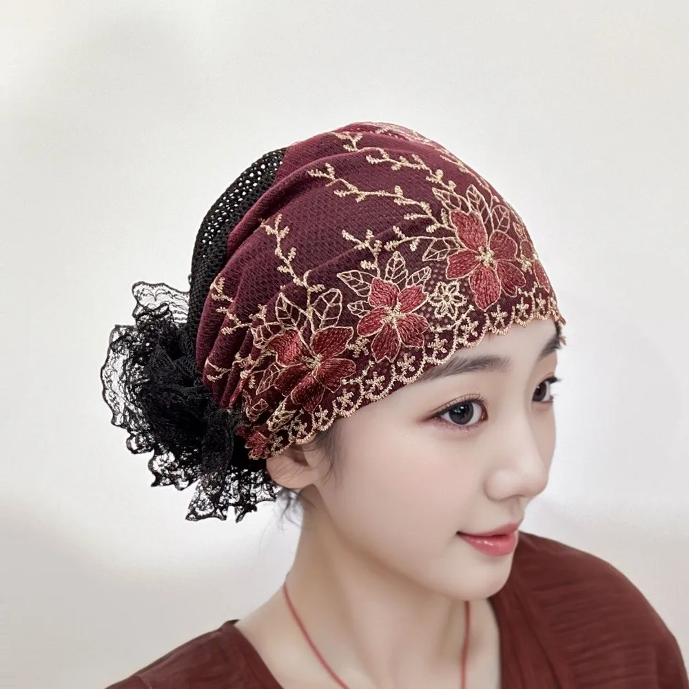 

Soft Beauty Lace Curling Hat Embroidered Flowers Polyester Elastic Curly Hair Hat Brimless Beanie Dome Mesh Lace Pullover Cap