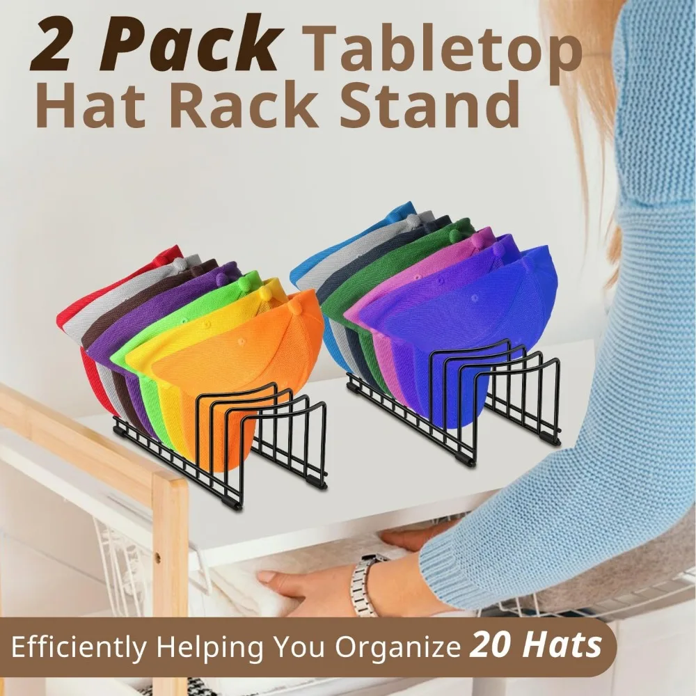 2 Pack Hat Stand for Baseball Caps, No Install Hat Organizer for 20 Baseball Caps, Tabletop Hat Rack Stand with Anti-sli
