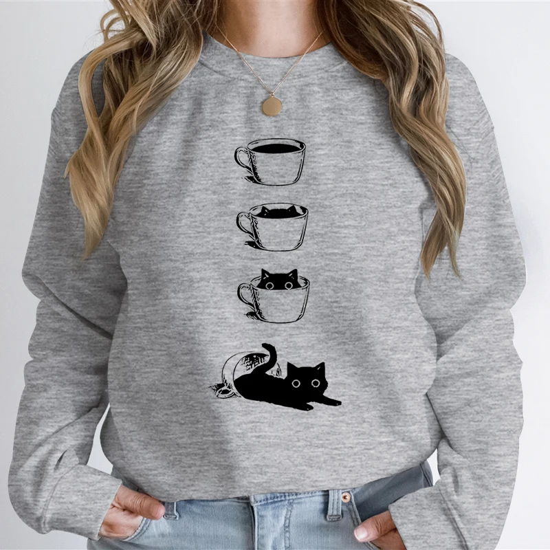 Sweat-shirt imprimé chat drôle pour hommes et femmes, sweats à capuche décontractés, sweat-shirt amoureux des chats, design de dessin animé chat et café, sweat-shirt essentiel unisexe, mode