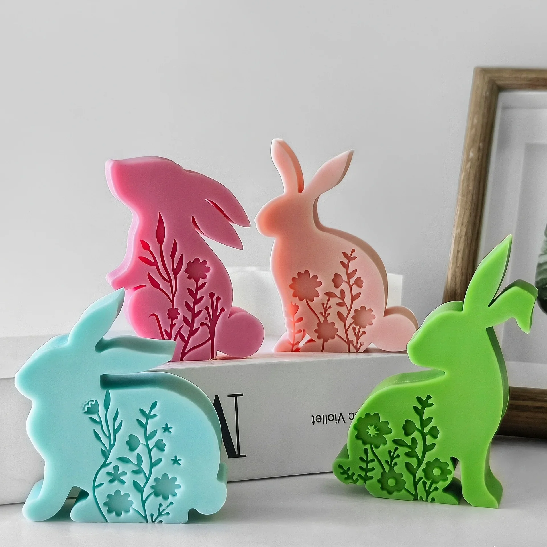 

Набор из 4 силиконовых форм для пасхальных украшений: цветы и кролики с рельефным узором, формы для свечей в виде цветов и кроликов