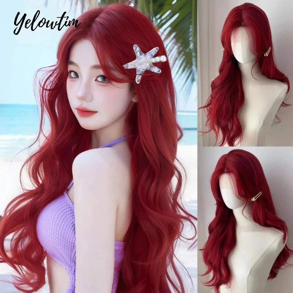 

Красные синтетические парики, длинный волнистый парик, естественная линия волос, повседневные красные волосы, термостойкое волокно, гладкий парик для косплея, LM