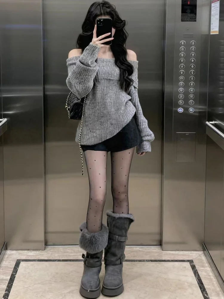 فضفاضة تناسب الكورية Sle كسول واحد الكتف سترة المرأة الخريف الشتاء جديد Faion لينة محبوك أعلى مريحة طويلة Sve #3