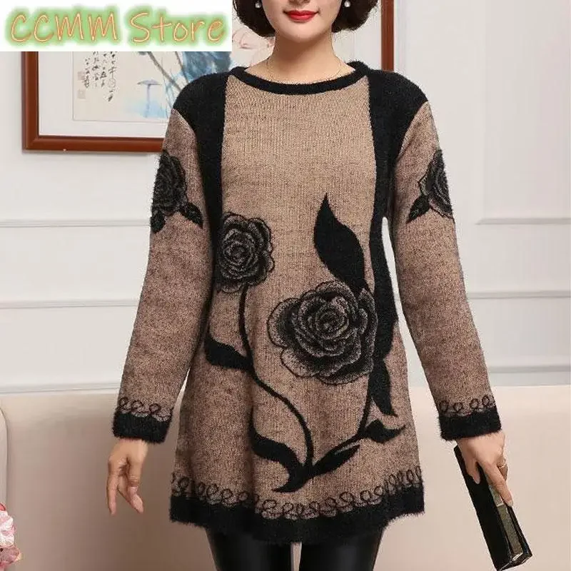 

Модные вязаные джемперы с цветочным принтом, осень-зима, новая женская одежда с круглым вырезом, винтажные повседневные свободные свитера из жаккардового плетения