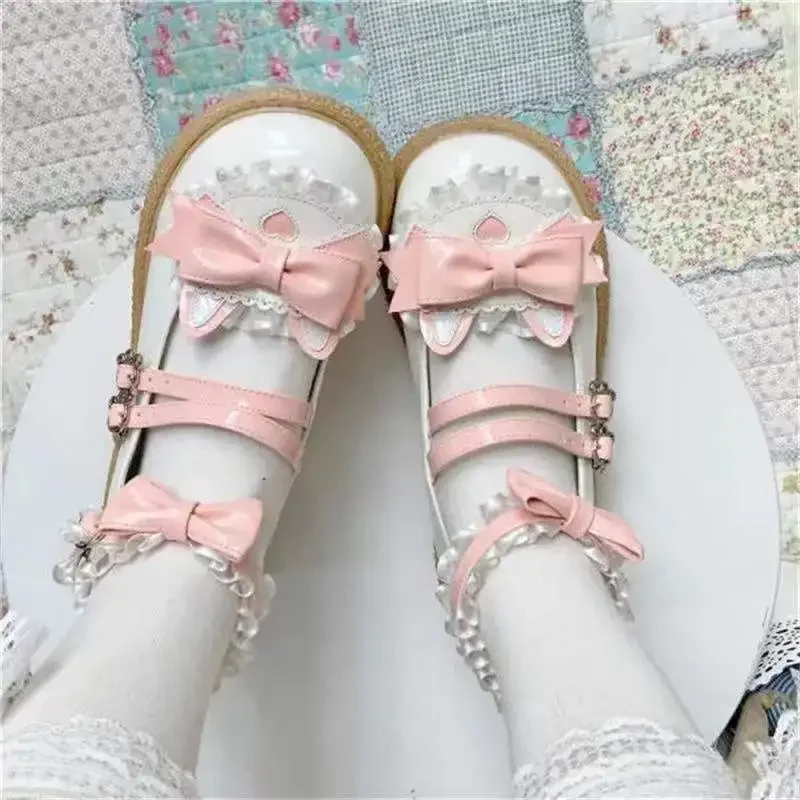 Buty damskie z okrągłym noskiem gotyckie niebieskie Mary Jane słodkie Kawaii styl japoński Lolita damskie płaskie wiosenne modne koreańskie