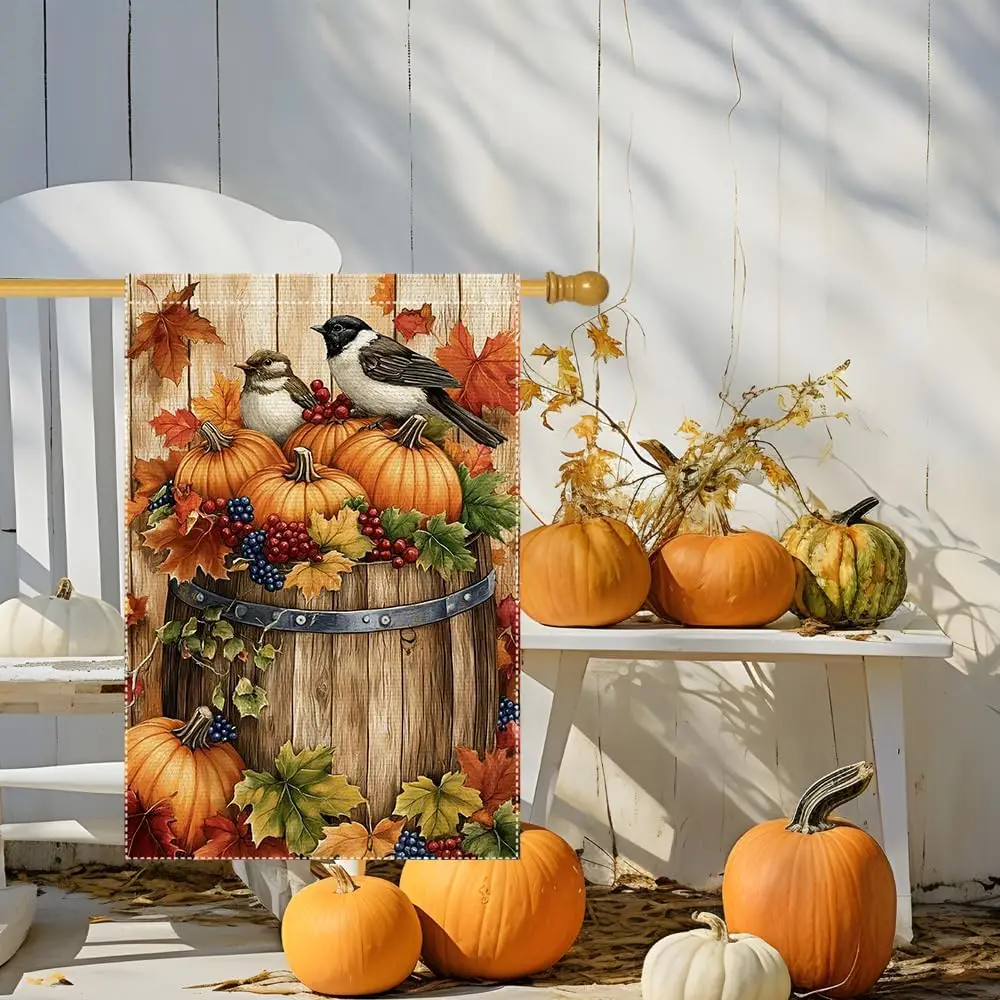 Fall Chickadee Garden Flag, Autumn Pumpkin Harvest Wooden Barrel Outdoor for Decor, Double Sided Burlap Maple Leaf Farmhouse kkz