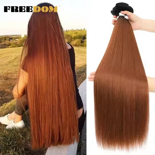 Imagen 2 del producto Extensiones de cabello liso sintético FREEDOM, mechones de pelo rubio degradado y marrón, tejido de pelo largo y liso de 28 ""-32"", 200 g/unidad, completo hasta el extremo