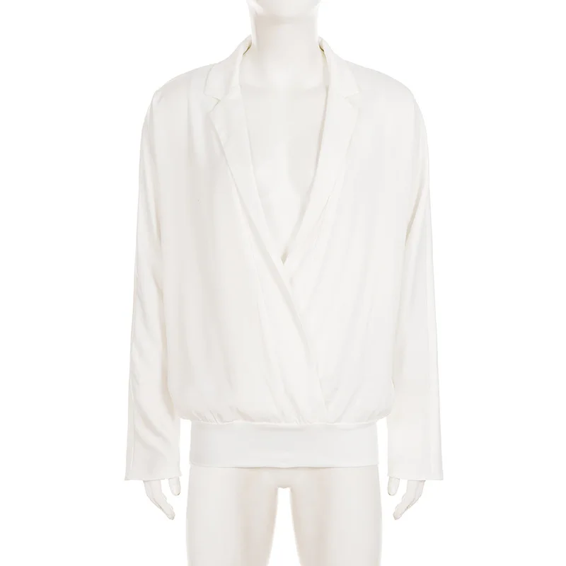 2025年秋 レディース 無地シャツ ノッチクロス ディープVネック 長袖 ルーズ カジュアル オールマッチング ベーシックトップス オフィスレディブラウス