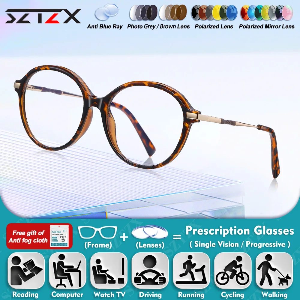

SZTZX Trendy Round Frame Workplace Anti Blue Ray Prescription Computer Glasses For Women Myopia Photochromic Multifocal Eyeware