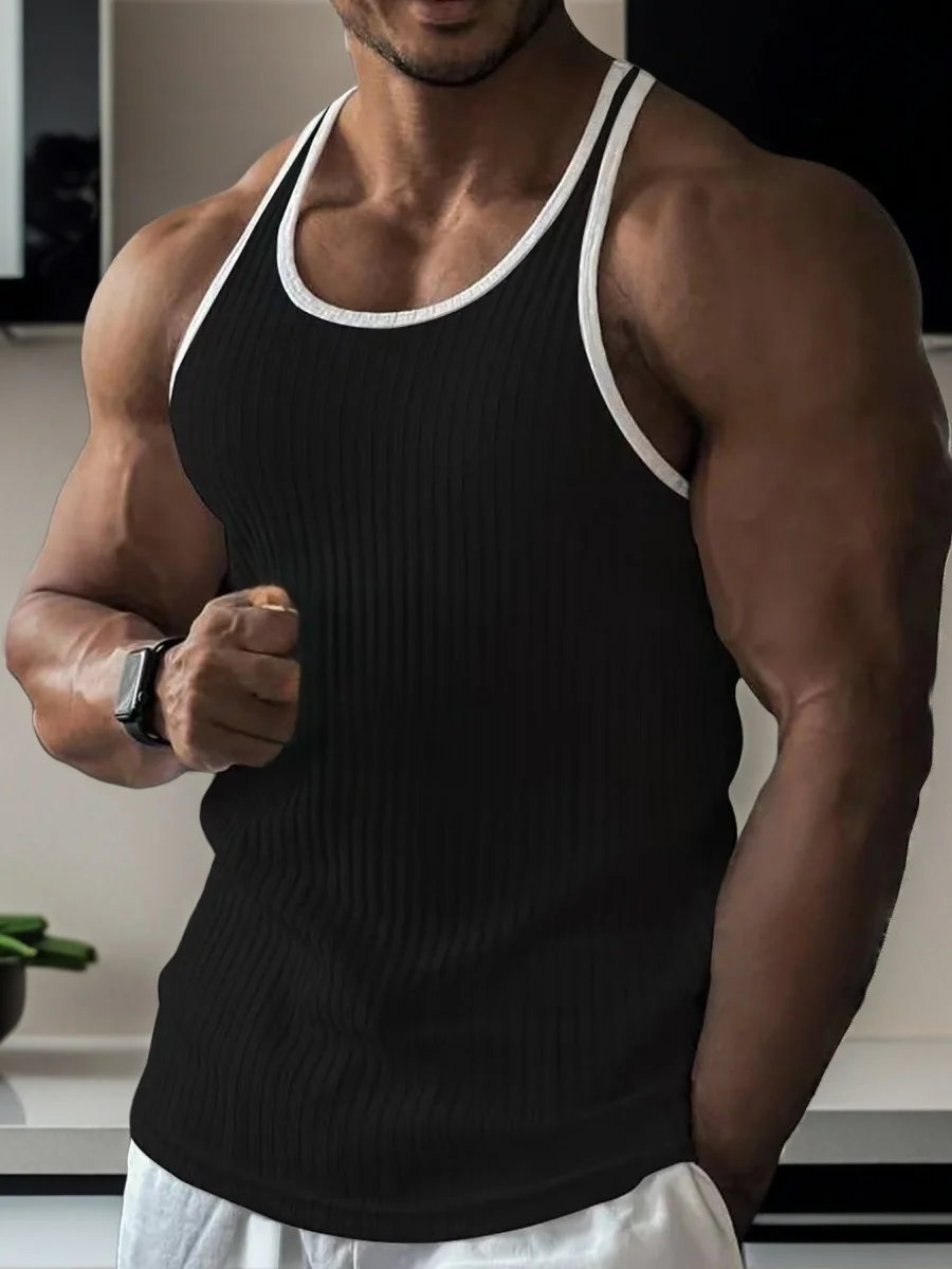 New summer sports vest men's sleeveless summer knitted vertical stripe casual slim fit men's comfortable patchwork sports vest
