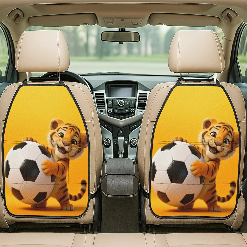 2pcs 2D Printed Car Seat Back Protector Pads Little Tiger Holding Soccer Playful Theme Pattern Printed Car Seat Back Protector P